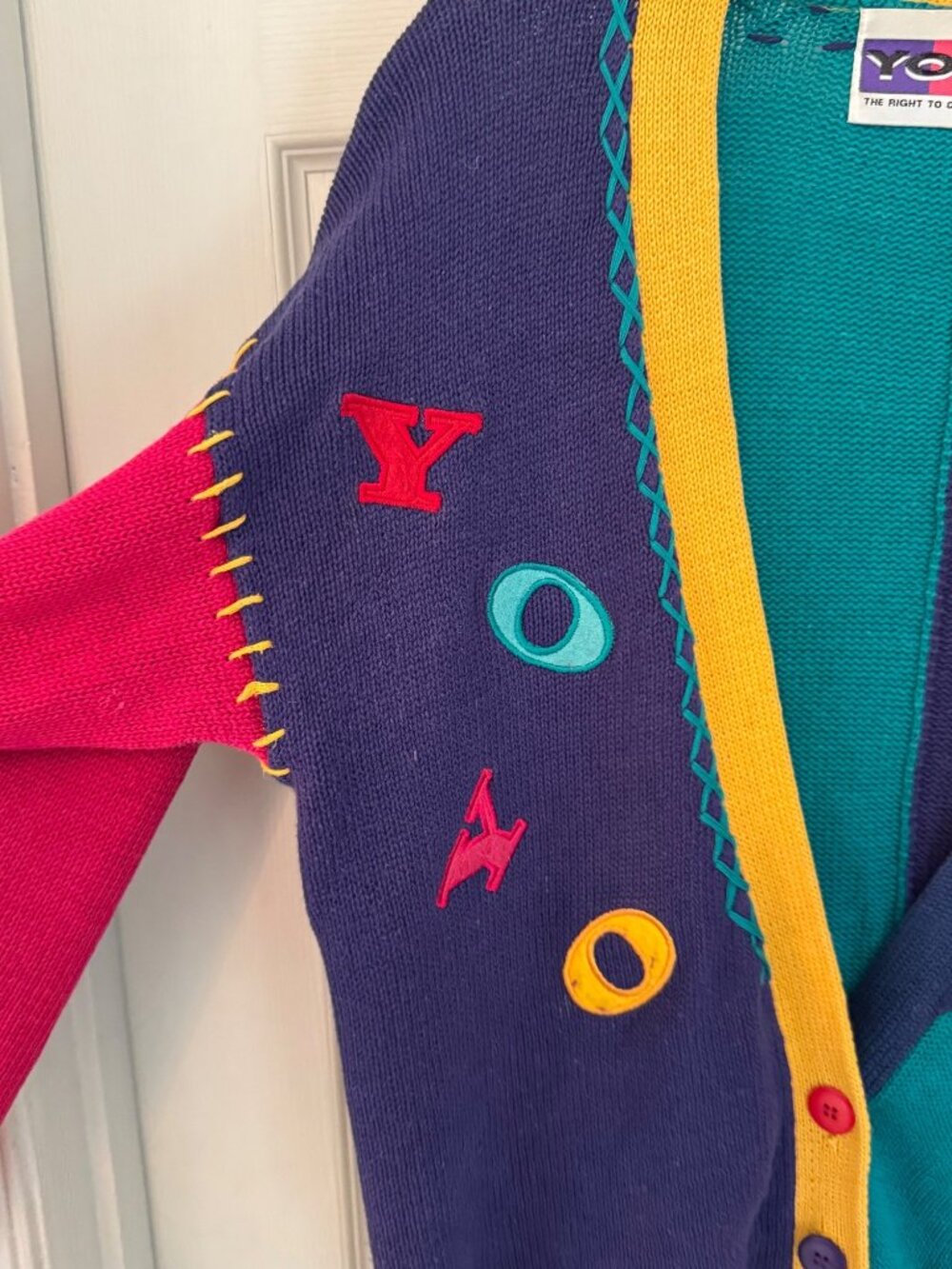 Vintage YOYO Colorblock Knit Cardigan Sweater Patch Primary ABC 90s 80s Small - Picture 10 of 10